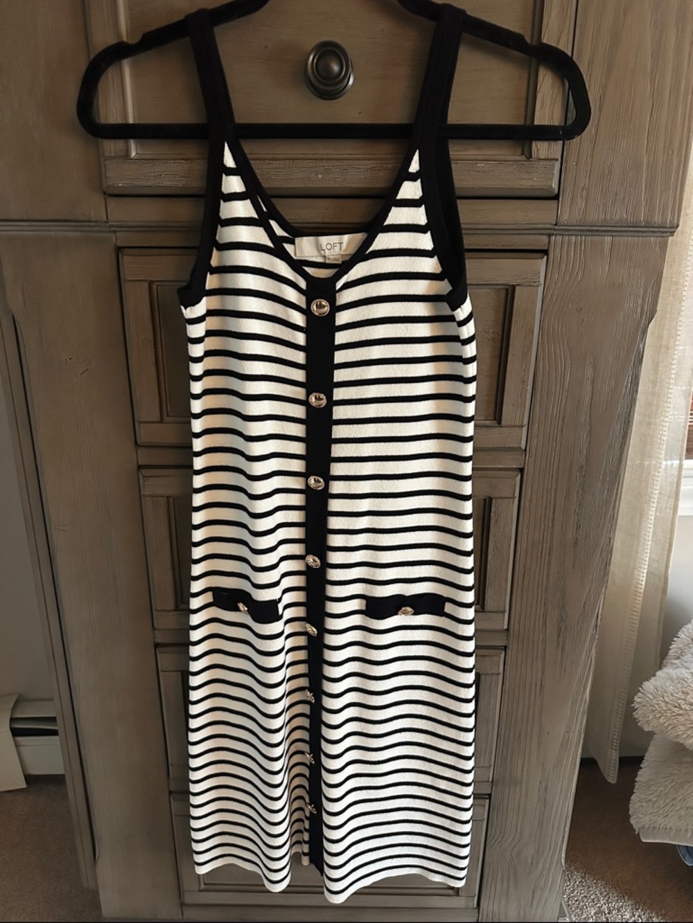 LOFT Black and White Striped Button-Front Knit Dress